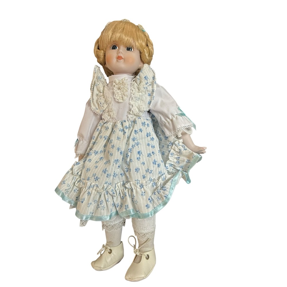Vintage Porcelain Doll Blonde Blue Eyes Blue Floral Lace Dress C169 Braids Sweet